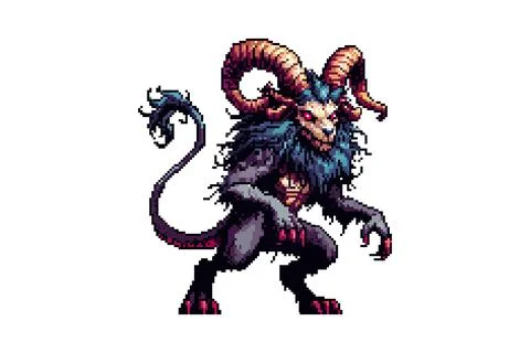 The image shows a pixel art creature with ram horns red eyes a skeletal face  Stock Illustration