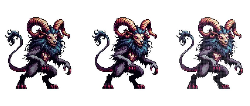 The image shows a pixel art creature with ram horns red eyes a skeletal fac.. Stock Illustration