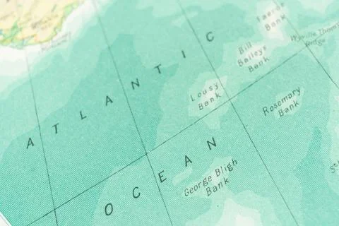 Image shows a section of the Atlantic Ocean on a 3D physical world map, wit.. Stock Photos
