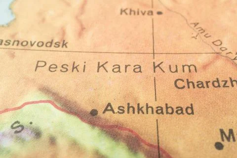 The image shows a section of a topographical map focused on Peski Karakum C.. 写真素材