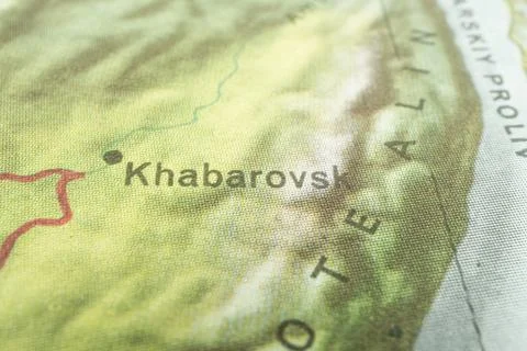 Image shows a section of a topographical map, focusing on Khabarovsk in Rus.. Stock Photos
