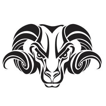 The image shows a stylized graphic drawing of a ram's head in black Stock Illustration