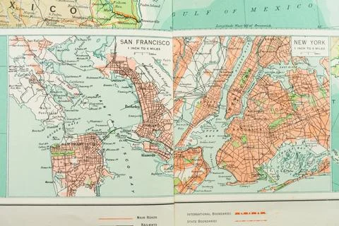 The image shows two historical maps side by side, one of San Francisco and th Stock Photos