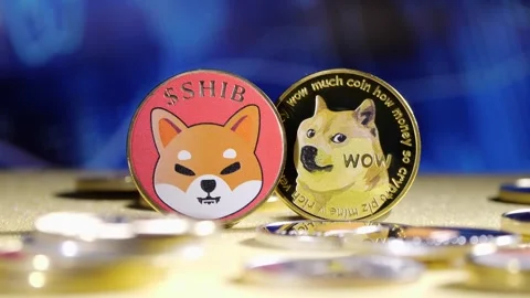The image shows two meme cryptocurrency coins, SHIB and Dogecoin, with Shiba Inu Stock-Footage 275987276