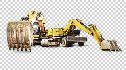 The image shows two powerful construction excavators positioned next to eac.. Foto stock