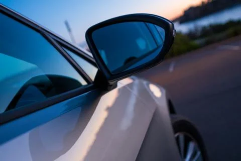 Image of the side view mirror on a modern car Stock Photos