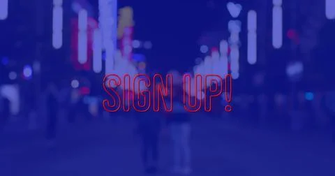Image of sign up text over cityscape at night on blue background Ilustração Stock