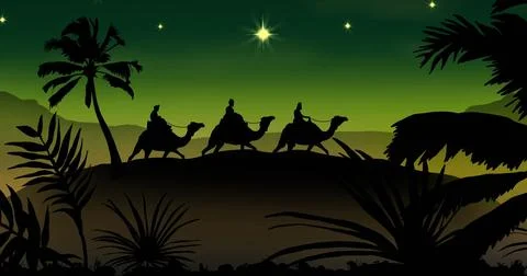 Image of silhouette of three wise men on camels over tropical landscape on green Stock Illustration