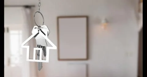 Image of silver house and key over empty house interior Ilustração Stock