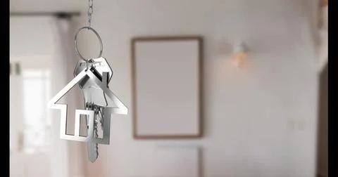 Image of silver house and key over empty house interior Ilustração Stock