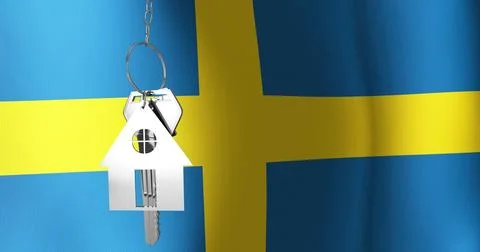 Image of silver house key over waving flag of sweden Ilustração Stock