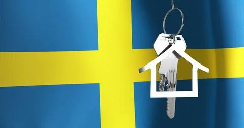 Image of silver house key over waving flag of sweden Ilustração Stock
