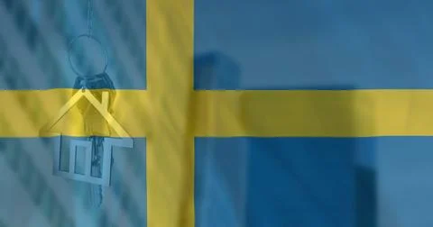 Image of silver house key over waving flag of sweden and office building Ilustração Stock