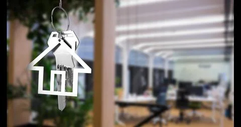Image of silver key and house over house interior Ilustração Stock