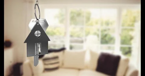 Image of silver key and house over house interior Ilustração Stock