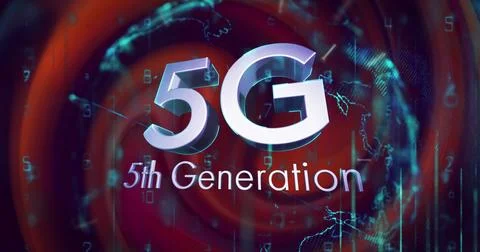 Image of silver text 5g 5th generation, with glowing globe and data process.. Stock Photos