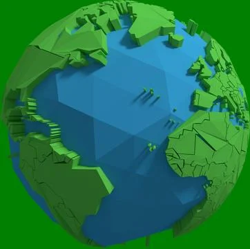 Image of simplified, angular globe with green land and blue water Ilustración de archivo