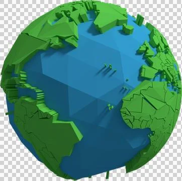 Image of simplified, angular globe with green land and blue water Stock Photos