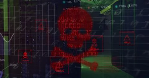 Image of skull and bones and data processing over computer servers Stock Illustration