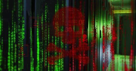 Image of skull and bones, binary coding and data processing over computer Stock Illustration