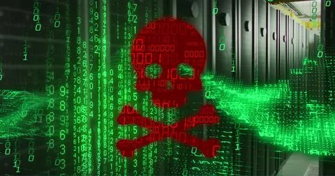 Image of skull and bones, binary coding and data processing over computer 스톡 사진