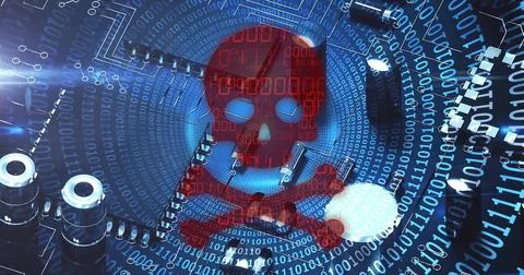 Image of skull and bones, binary coding and data processing over computer 写真素材