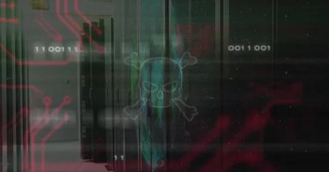 Image of skull and bones, digital data processing over computer servers Illustrazione stock