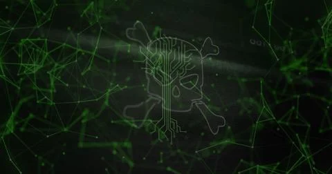 Image of skull and bones, digital data processing over computer servers Illustrazione stock