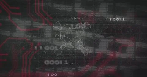 Image of skull with bones, data processing and block chain over black background 스톡 사진