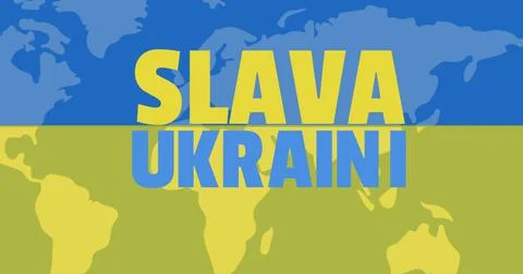 Image of slava ukraini text over world map and ukraine flag Ilustração Stock