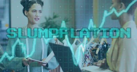 Image of slumpflation and financial data processing over diverse business people Stock Photos