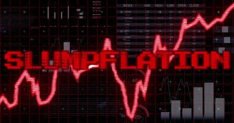 Image of slumpflation text in red over graph, world map and charts processing Ilustração Stock