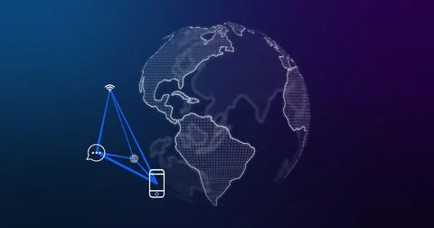 Image of smartphone and connections with tech icons over globe on navy Stock Illustration
