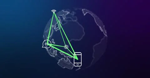 Image of smartphone and connections with tech icons over globe on navy Stock Illustration