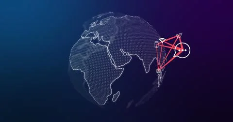 Image of smartphone and connections with tech icons over globe on navy Stock Illustration