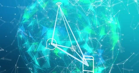 Image of smartphone and connections with tech icons over globe on blue Stock Illustration