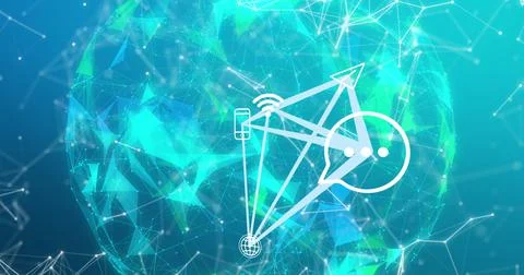 Image of smartphone and connections with tech icons over globe on blue Stock Illustration