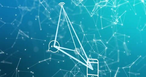 Image of smartphone and connections with tech icons on blue background Stock Illustration