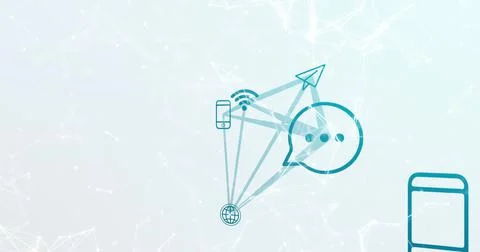 Image of smartphone and connections with tech icons on light blue background Stock Illustration