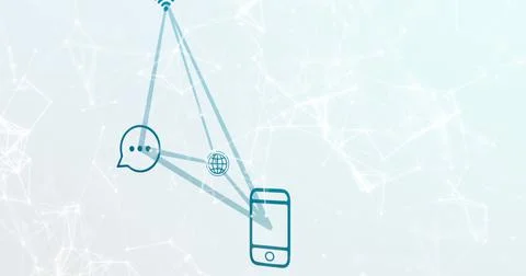 Image of smartphone and connections with tech icons on light blue background Stock Illustration