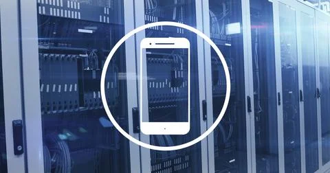 Image of smartphone icon and data processing over server room Stock Illustration