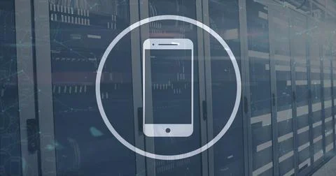 Image of smartphone icon and data processing over server room 库存插图