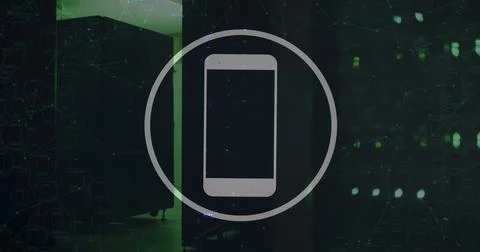 Image of smartphone icon and data processing over server room Stock Illustration