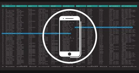 Image of smartphone icon and data processing over black background Illustrazione stock