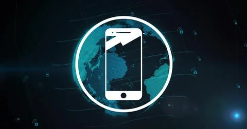 Image of smartphone icon and data processing over globe on black background Illustrazione stock