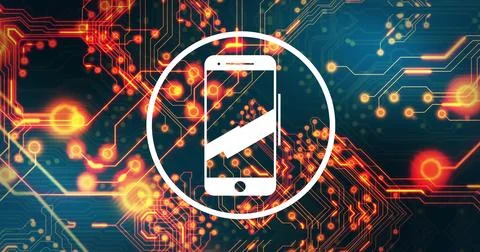 Image of smartphone icon and data processing over circuit board on black Illustrazione stock