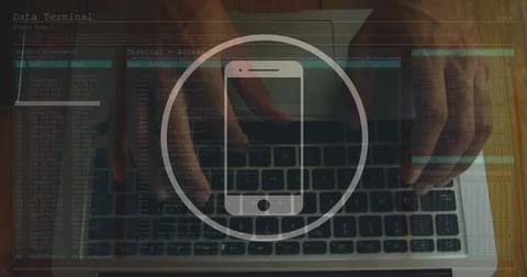 Image of smartphone icon and data processing over caucasian man using laptop Stock Photos
