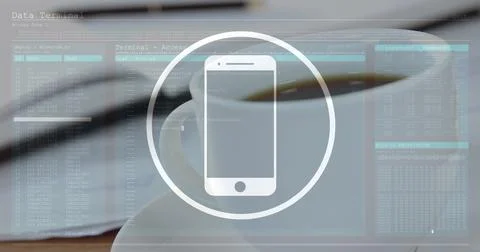 Image of smartphone icon and data processing against close up of a coffee cup 스톡 사진