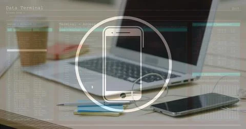 Image of smartphone icon and data processing against close up of equipment on 스톡 사진