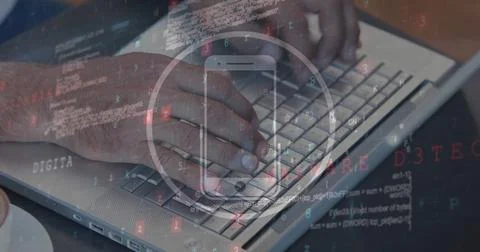Image of smartphone icon and data processing against mid section of man using 库存照片